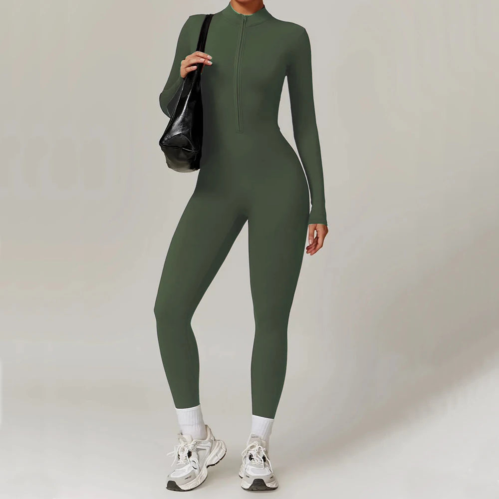 S-XL 2025 Nylon Zipper Long Sleeve Yoga Set Women One Piece Jumpsuit