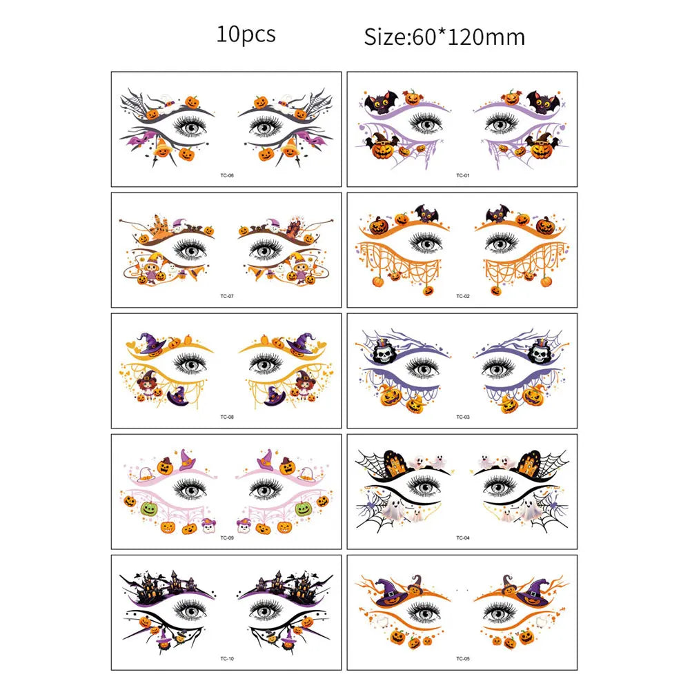10pcs Halloween Facial Makeup Temporary Tattoo Stickers Waterproof Eye Decoration Tattoo