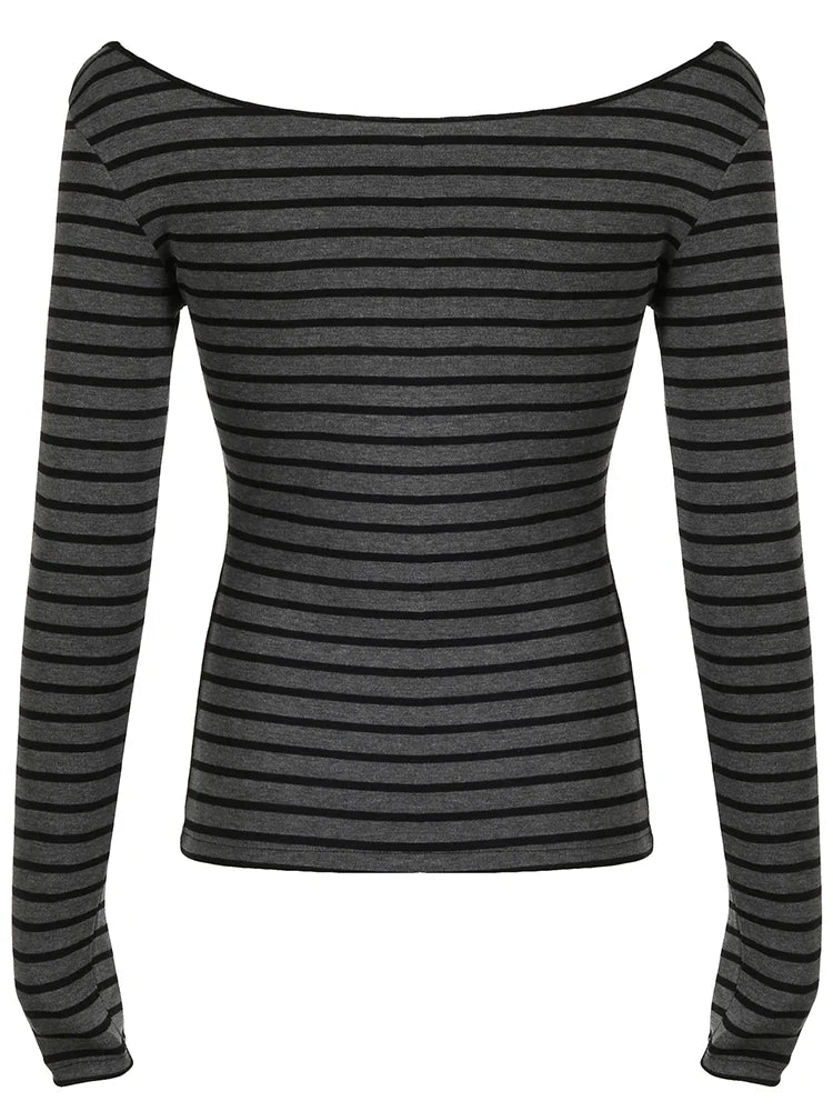 Sweetown Japanese Basic Slim Long Sleeve Stripe Tee Off Shoulder O