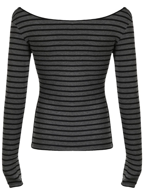 Sweetown Japanese Basic Slim Long Sleeve Stripe Tee Off Shoulder O