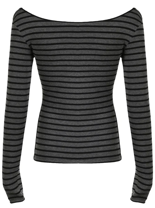Sweetown Japanese Basic Slim Long Sleeve Stripe Tee Off Shoulder O
