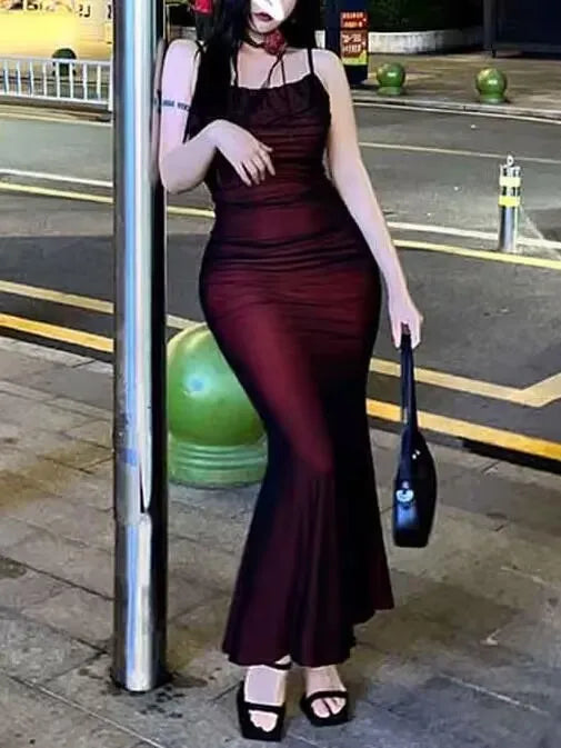 Sexy Luxury Woman Evening Dress Red Mesh Gothic Elegant Party Bodycon