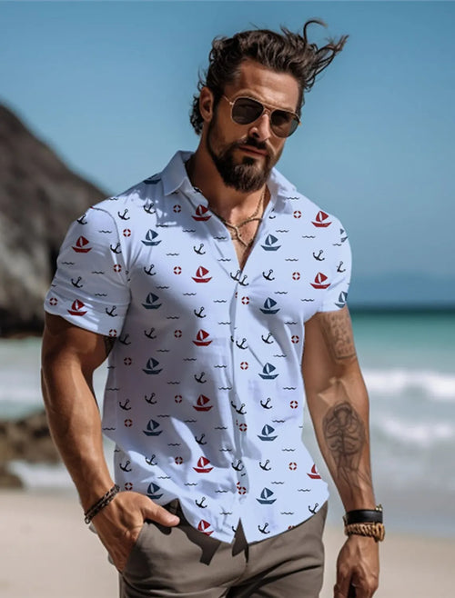 Sailboat Men's Resort Hawaiian 3D Printed Shirt Button Up Short Sleeve