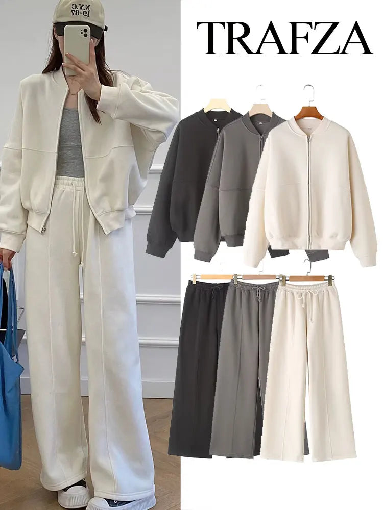 TRAFZA Women's 2-piece Retro Solid Color Zipper Bomber Jacket
