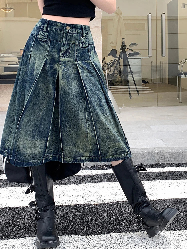 S-4XL Women Jeans Skirts Summer New High Waist A-Line Pleated Loose