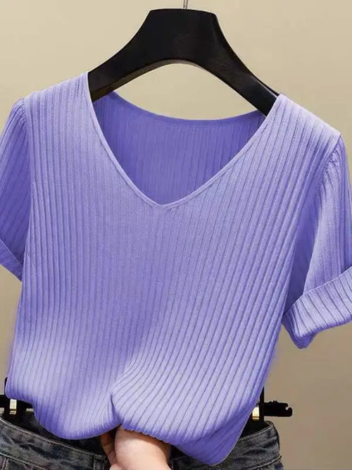 Knitted short sleeve Women V-Neck T Shirts 2024 Blue Slim Black thin