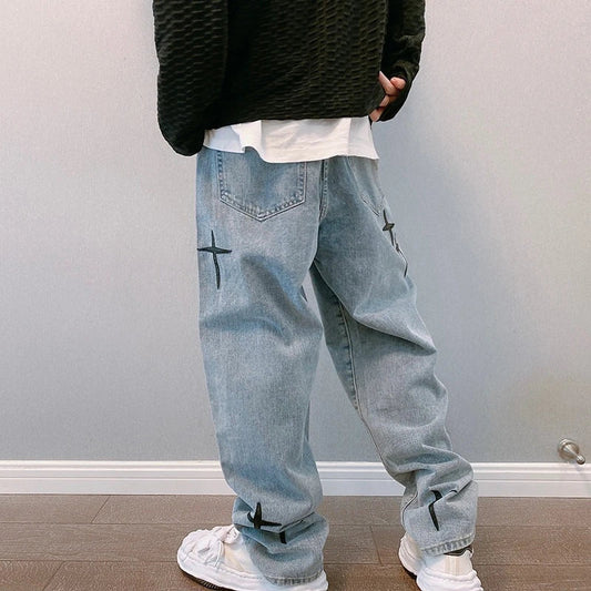 Prints Jeans Men 2023 New Streetwear Baggy Wide Leg Jeans Korean
