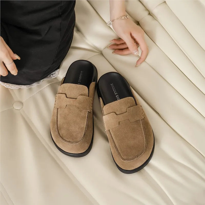 Leather baotou slippers women's half slippers 2024 spring and summer new wear soft bottom thick bottom lazy slippers