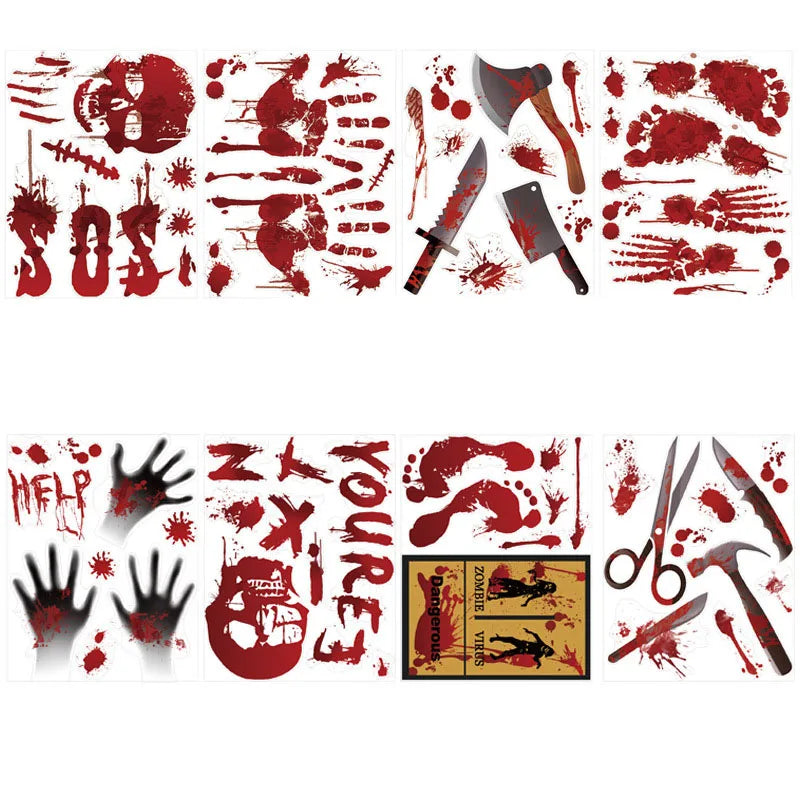 Halloween Decoration Bloody Footprints Doors Windows Sticker Horror Handprint Bloodstain Zombie Decals Haunted House Decorations