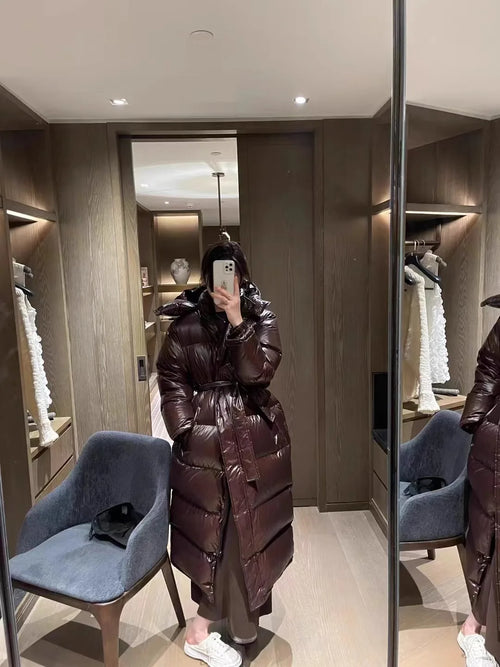 With Belt Women's Winter Down Jacket Long Puffer Coat White Duck Thick