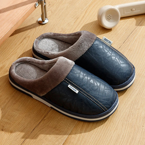 Big Size Winter Casual Men's Slippers Indoor Waterproof PU Leather