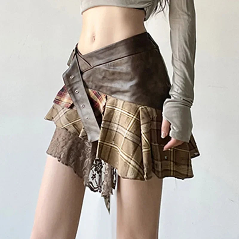 American Retro Asymmetrical Women’s Mini Skirts Lace Stripes Plaid