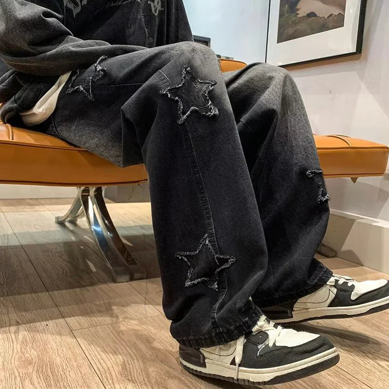 Stars Patchwork Men Jeans New Fashion Y2K Tassel Pants Korea Clothes