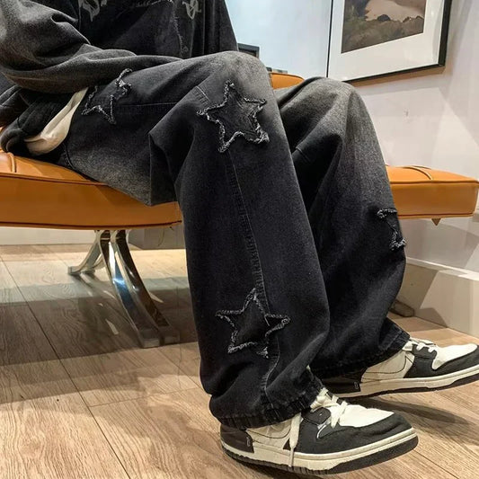Stars Patchwork Men Jeans New Fashion Y2K Tassel Pants Korea Clothes