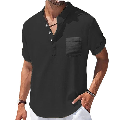 New Men's Casual Stand Up Collar Summer Solid Color Short Sleeve Linen