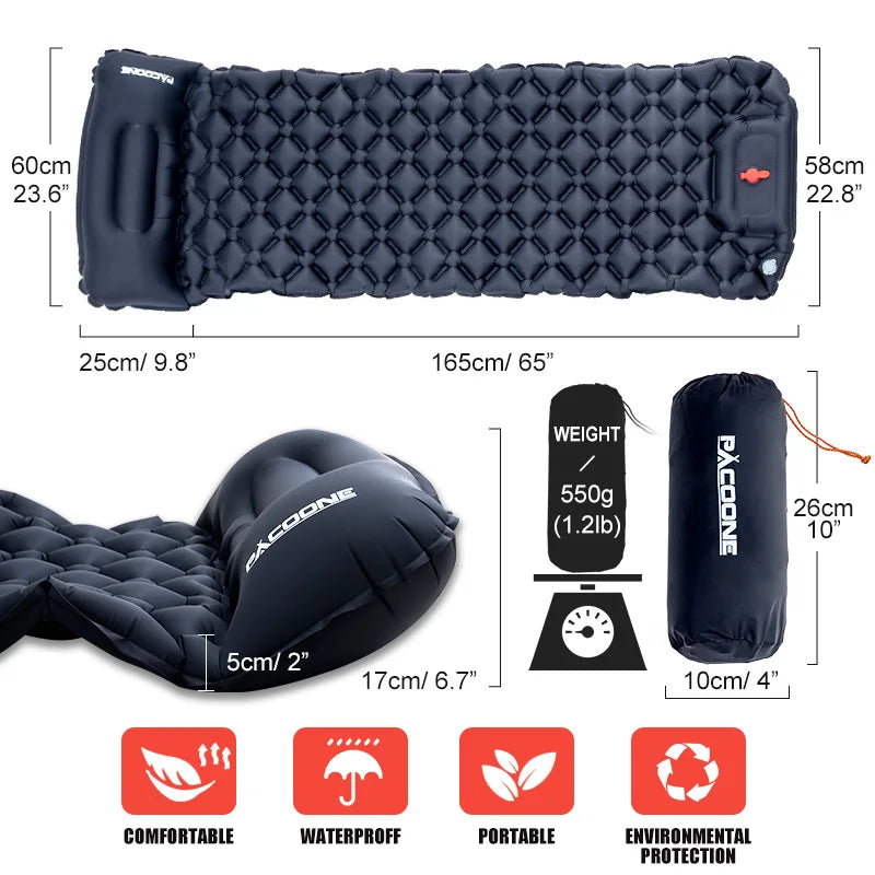 PACOONE Outdoor Camping Sleeping Pad Inflatable Mattress with Pillows