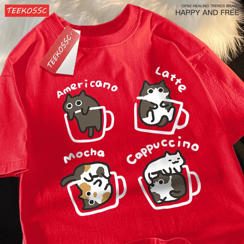 Cat Coffee Pure Cotton Trendy Summer Loose Short Sleeved T-shirt Men