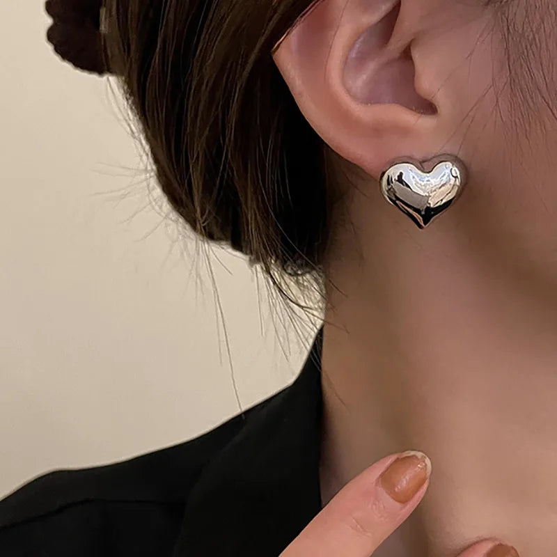 Minimalist Silver Color Smooth LOVE Heart Stud Earrings for Women