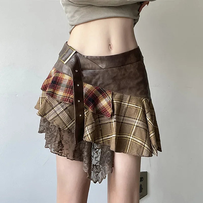 American Retro Asymmetrical Women’s Mini Skirts Lace Stripes Plaid