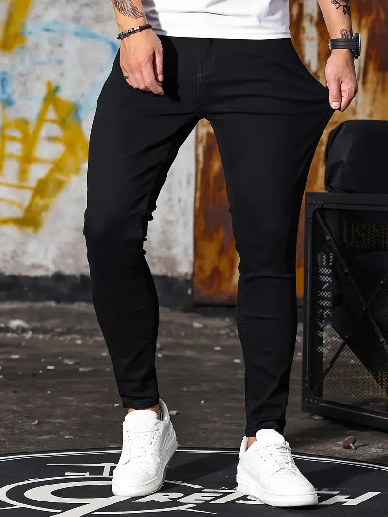 Man Pants Retro Washing Zipper Stretch Jeans Casual Slim Fit Trousers