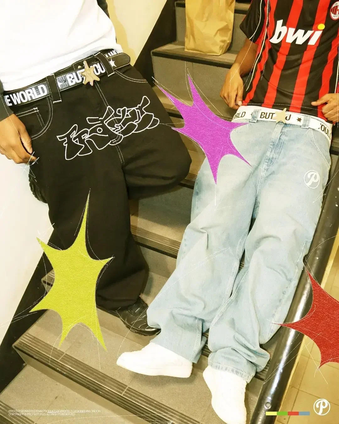 Y2K Men blue letter printed jeans high-end fashion hip-hop trend