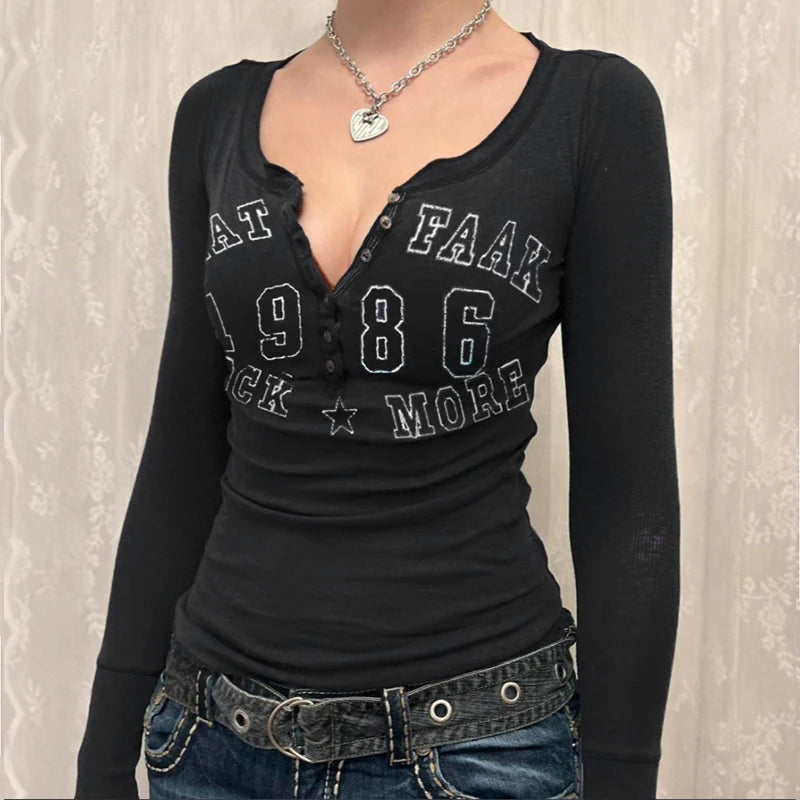 Letter Print Black Tees Women Autumn Streetwear Long Sleeves O-Neck