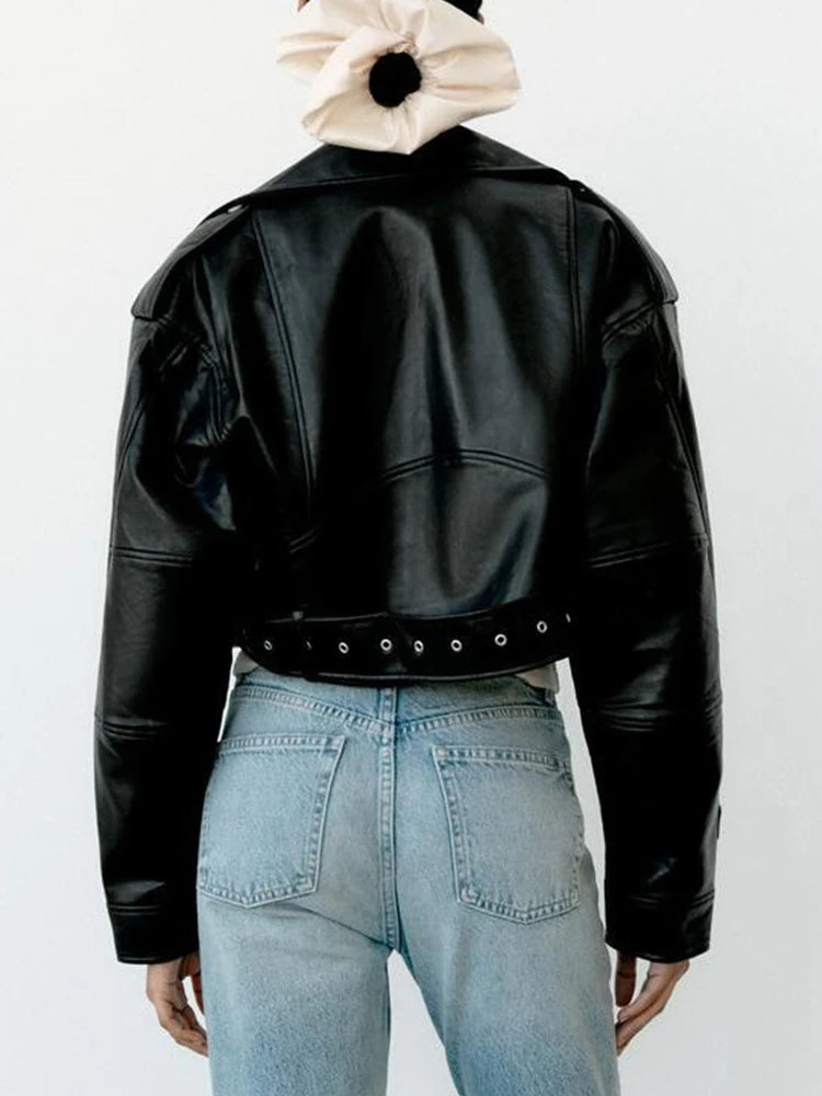 Ailegogo Spring Autumn Women Faux Pu Leather Short Jacket with Belt