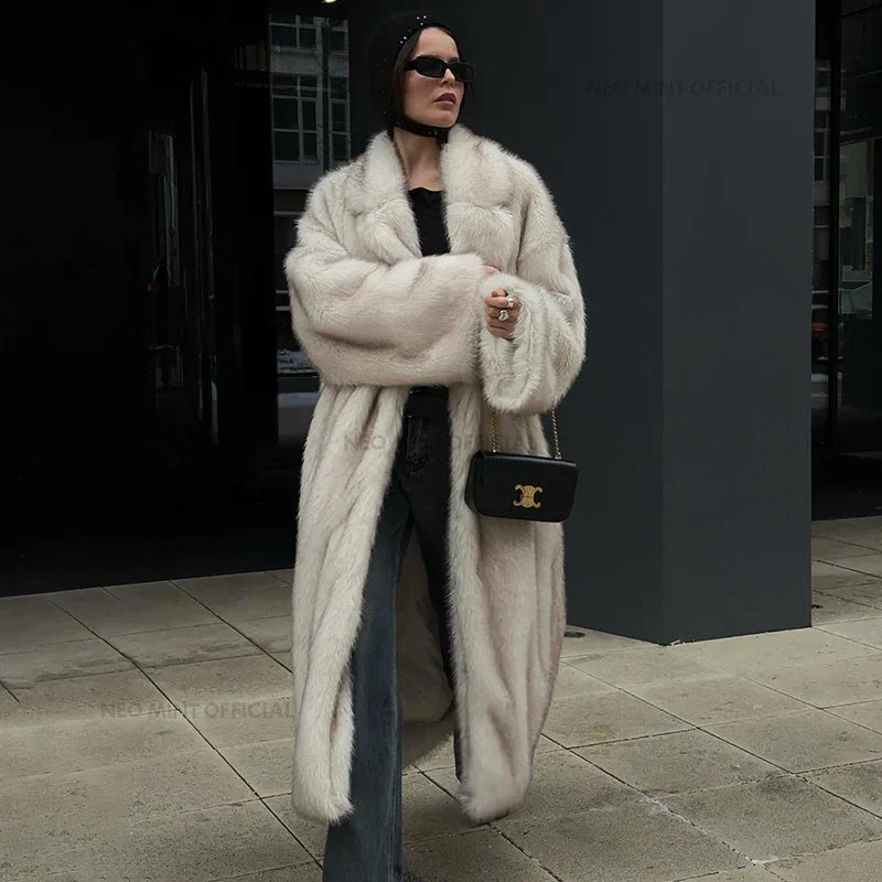 Neo Mint Vintage Luxury Long Faux Fox Fur Coat Women 2024 Winter Warm