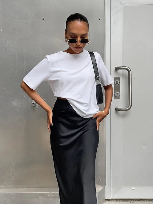 Elegant Satin Black Trumpet Skirts Fashion Slim High Waist Skirts