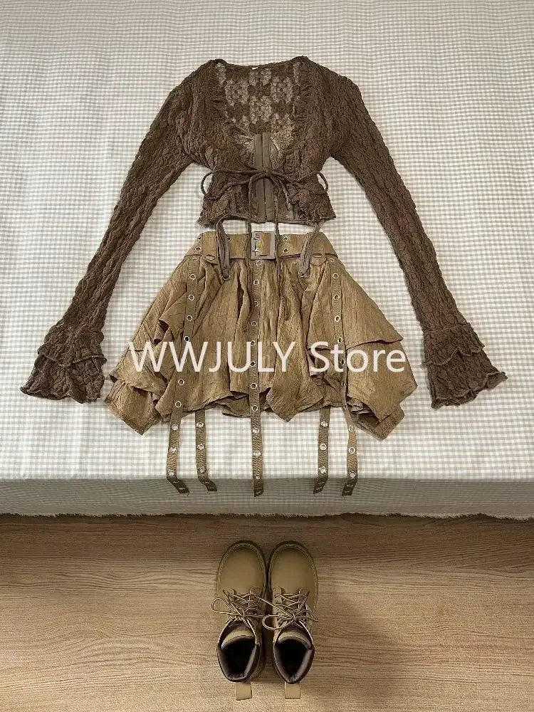 Harajuku Vintage Fashion 3 Piece Set Woman Short Cardigan + Slim Vest
