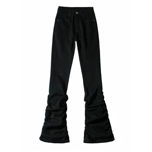 REDDACHiC Black Ruched Flare Jeans Women Solid Stretch Bootcut Stacked