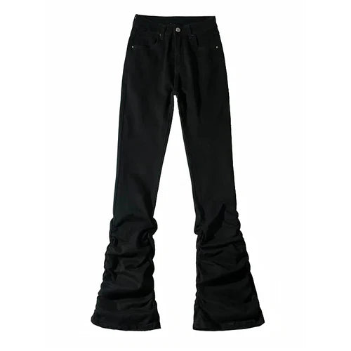 REDDACHiC Black Ruched Flare Jeans Women Solid Stretch Bootcut Stacked