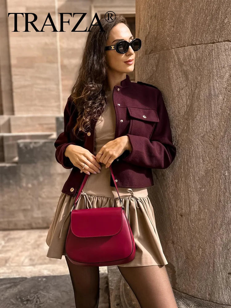 TRAFZA 2024 Fashion Women Soft Tweed Bomber Jacket O-Neck Long Sleeve