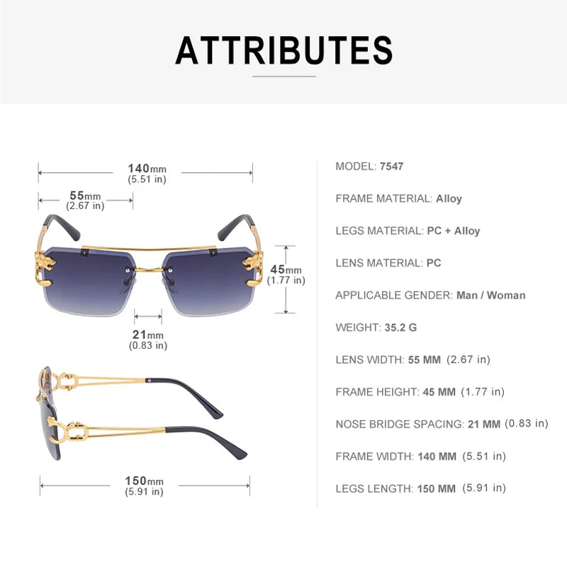 Fashion Metal Leopard Rimless Sunglasses Double Bridges Gradient Ocean