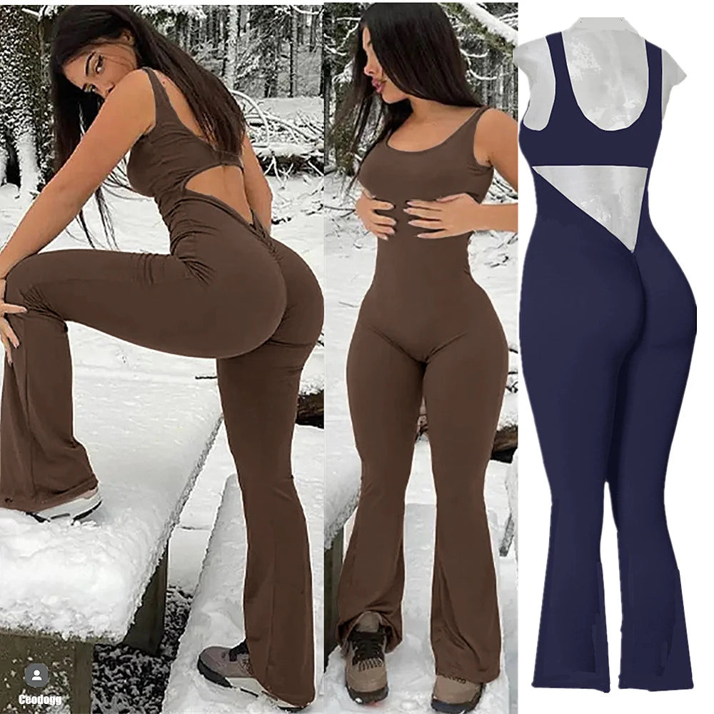 2025 S-XL Pad Women Gym Yoga Set Sports Rompers Deep V Back Fitness