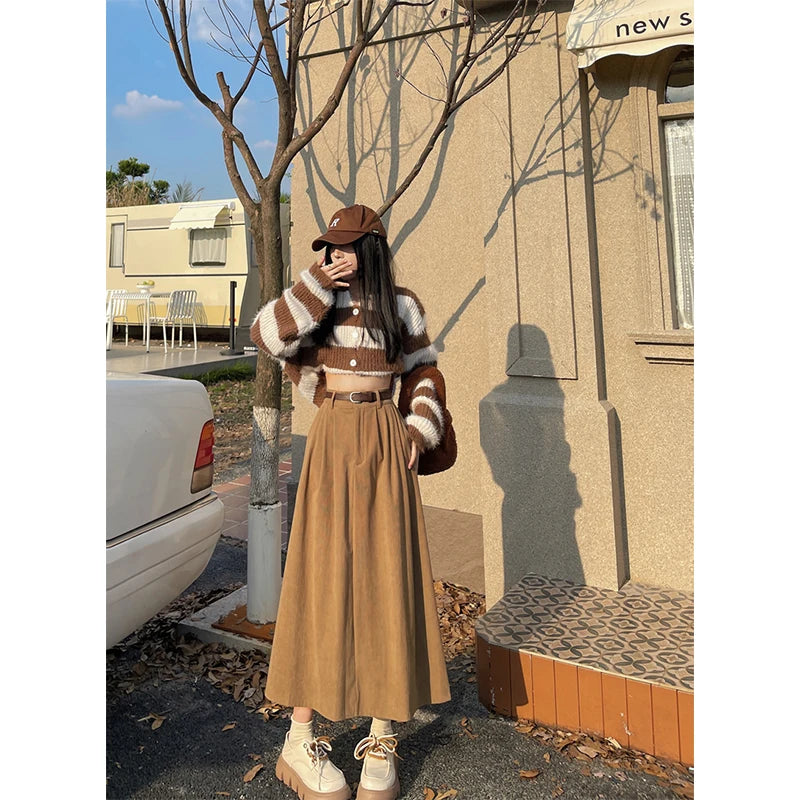 Vintage Belt Corduroy Midi Skirt Women High Waist Pleated A Line