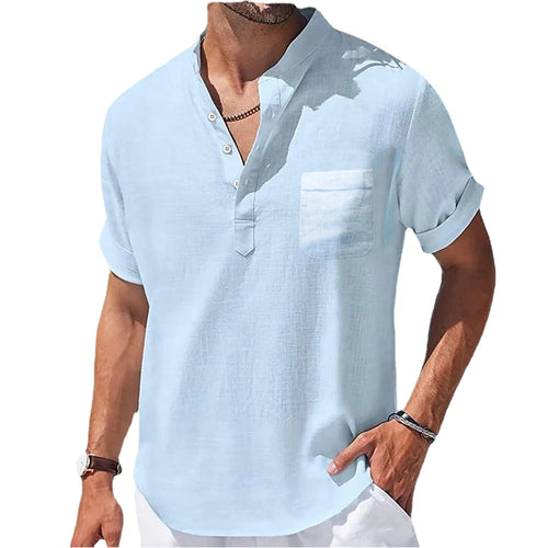 New Men's Casual Stand Up Collar Summer Solid Color Short Sleeve Linen