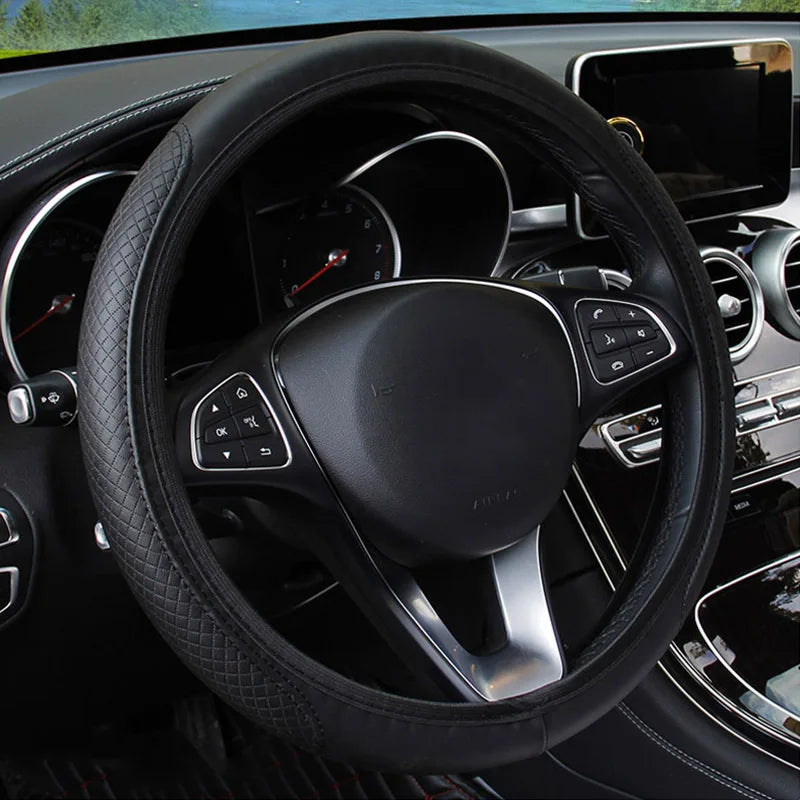 Black automobile steering wheel cover, dynamic fiber leather, double