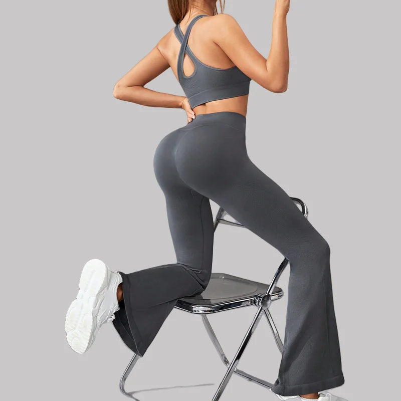 Ribbed High Waist Flare Leggings Women’s Slim Fit Pant Wide-leg Yoga
