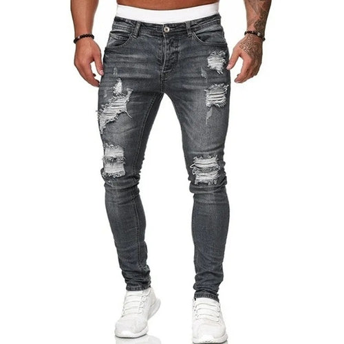 Fashion Street Style Ripped Skinny Jeans Men Vintage wash Solid Denim