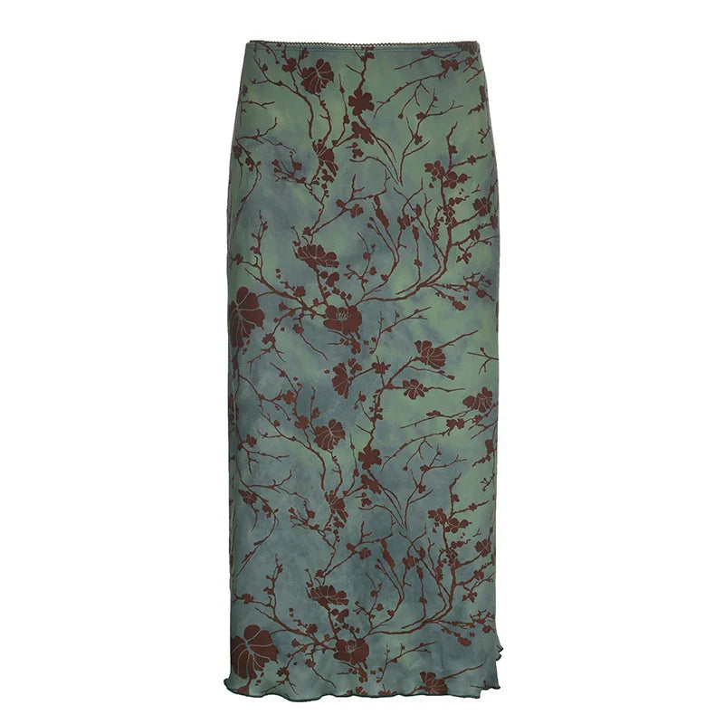 CIBBAR Harajuku Floral Print Long Skirt Vintage Low Rise Straight Midi