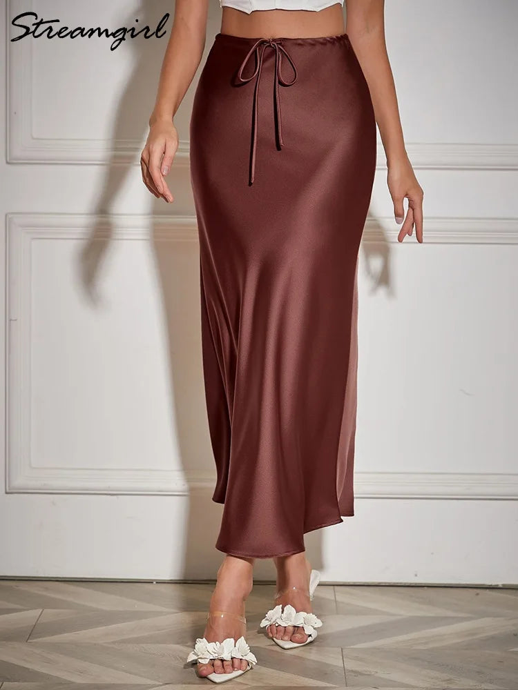 Streamgirl A Line Long Satin Skirts For Women Black 2024 Elegant High