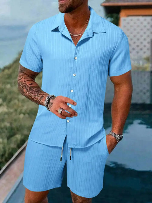 Men's beach suit striped solid color short sleeve shorts shirt Sports