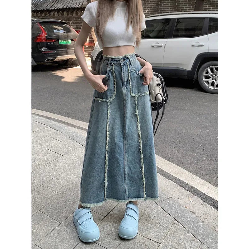 Women's Tassel Denim Long Skirts, Vintage Pocket, A-line Jeans Skirt,