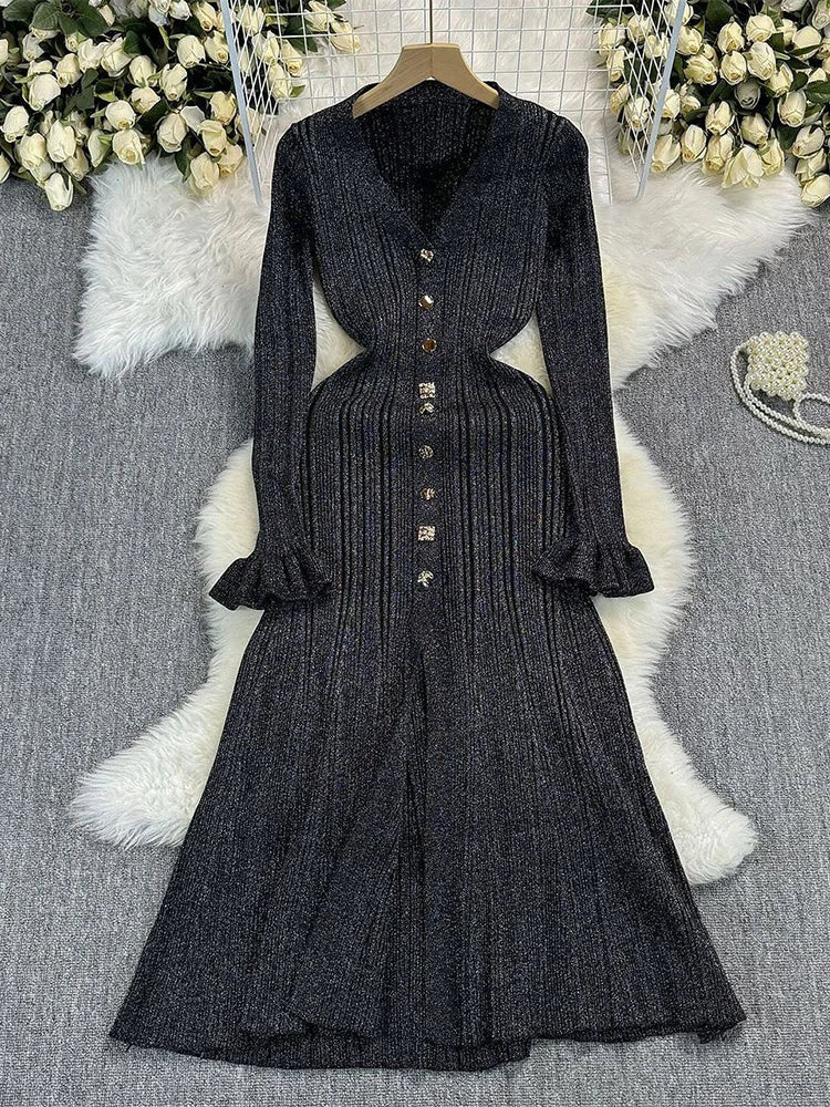 Elegant Single-breasted Knitted Dress Deep V-neckline Women’s Long