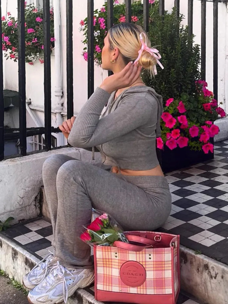 Tossy Knit Fashion 2 Piece-Set Trousers Hoodie Tracksuit Women Crop