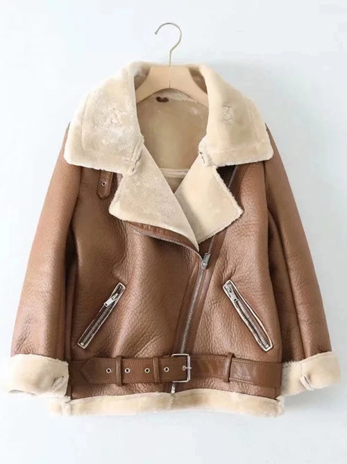 Ailegogo Winter Coats Women Thickness Faux Leather Fur Sheepskin