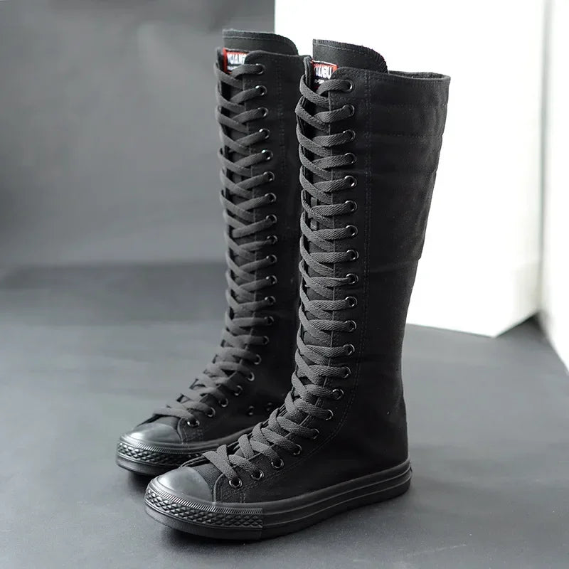 Canvas Long Boots for Women High Top Women Canvas Shoes Lace Up Knee
