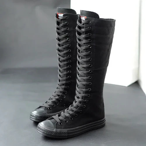 Canvas Long Boots for Women High Top Women Canvas Shoes Lace Up Knee