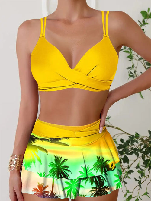 Women's Hanging Neck Straps Sunset Coconut Print Two Piece Swimsuit
